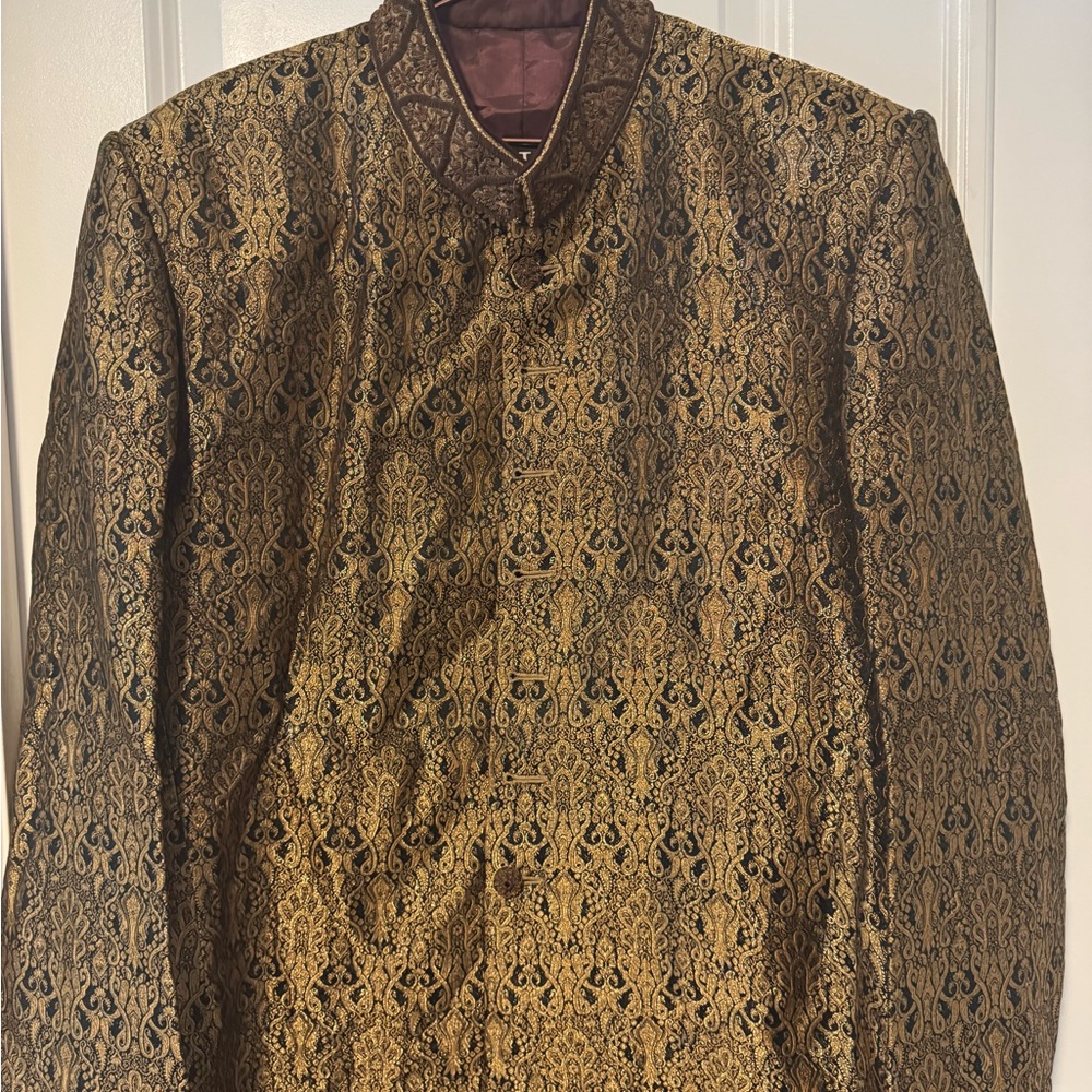 Elegant Gold and Black Sherwani with Intricate Brocade Design